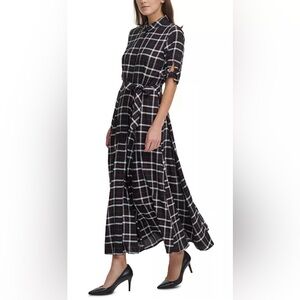 Calvin Klein Plaid Shirtdress Size 6 Short Sleeve Belted Maxi Black Red White